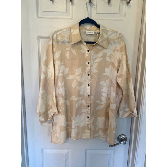 Liz Claiborne Lizwear Jeans Linen Blend floral Tan 3/4 Sleeve Top Size Large - Picture 1 of 7